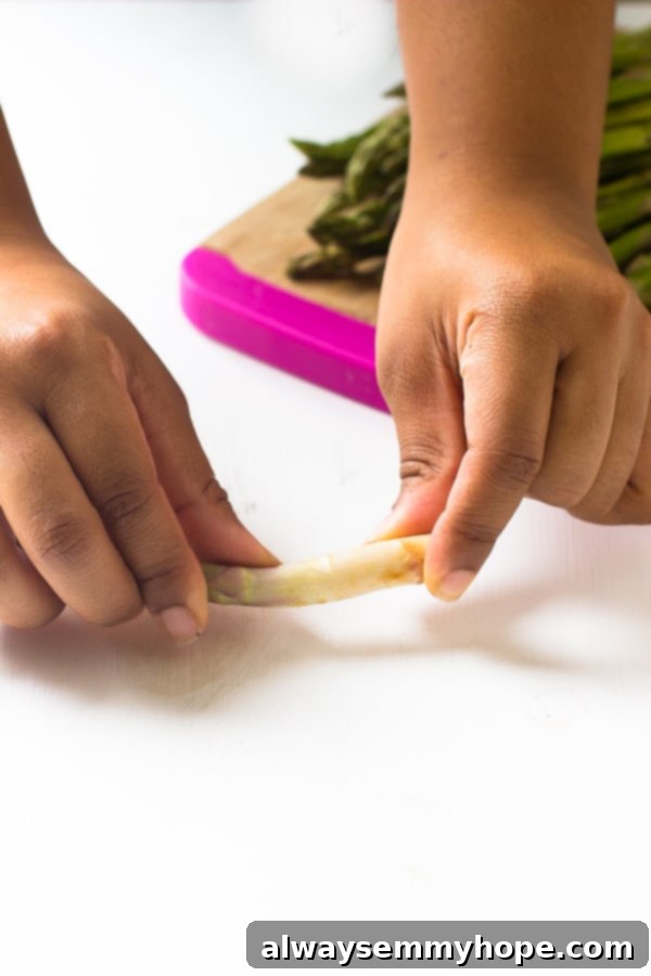 Hands snapping asparagus. 