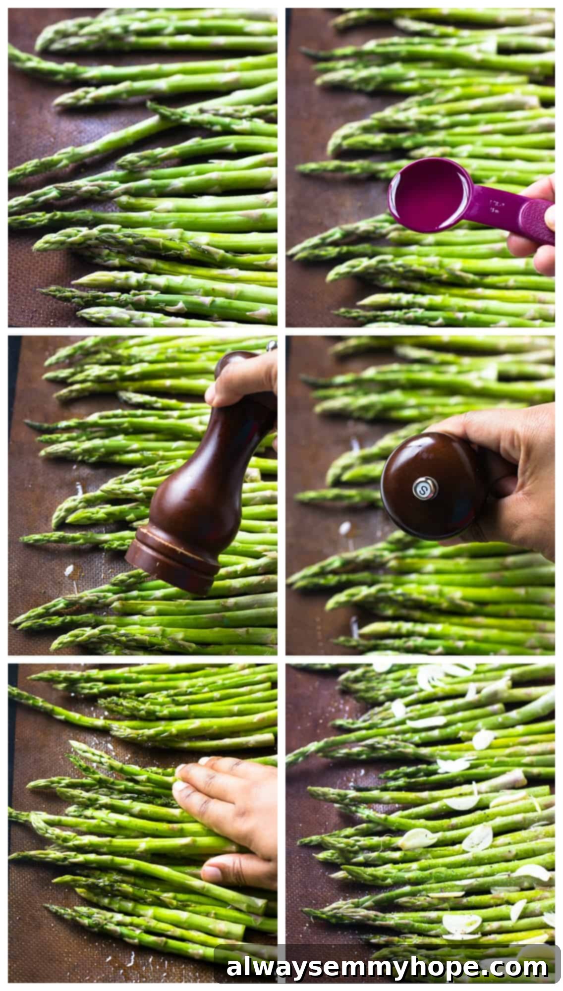 Montage of seasoning asparagus on a baking tray.