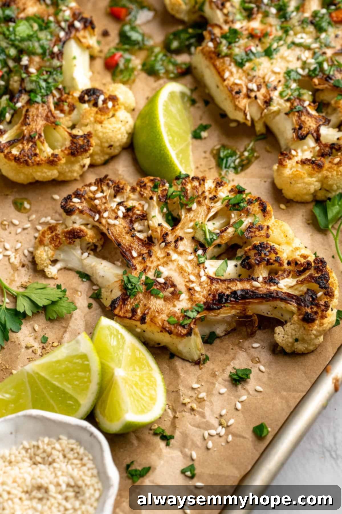 These easy roasted cauliflower steaks are tender, crispy on the edges, and incredibly flavourful thanks to the addition of za’atar! Cauliflower steaks on sheet pan with lime wedges and sesame seeds for garnish