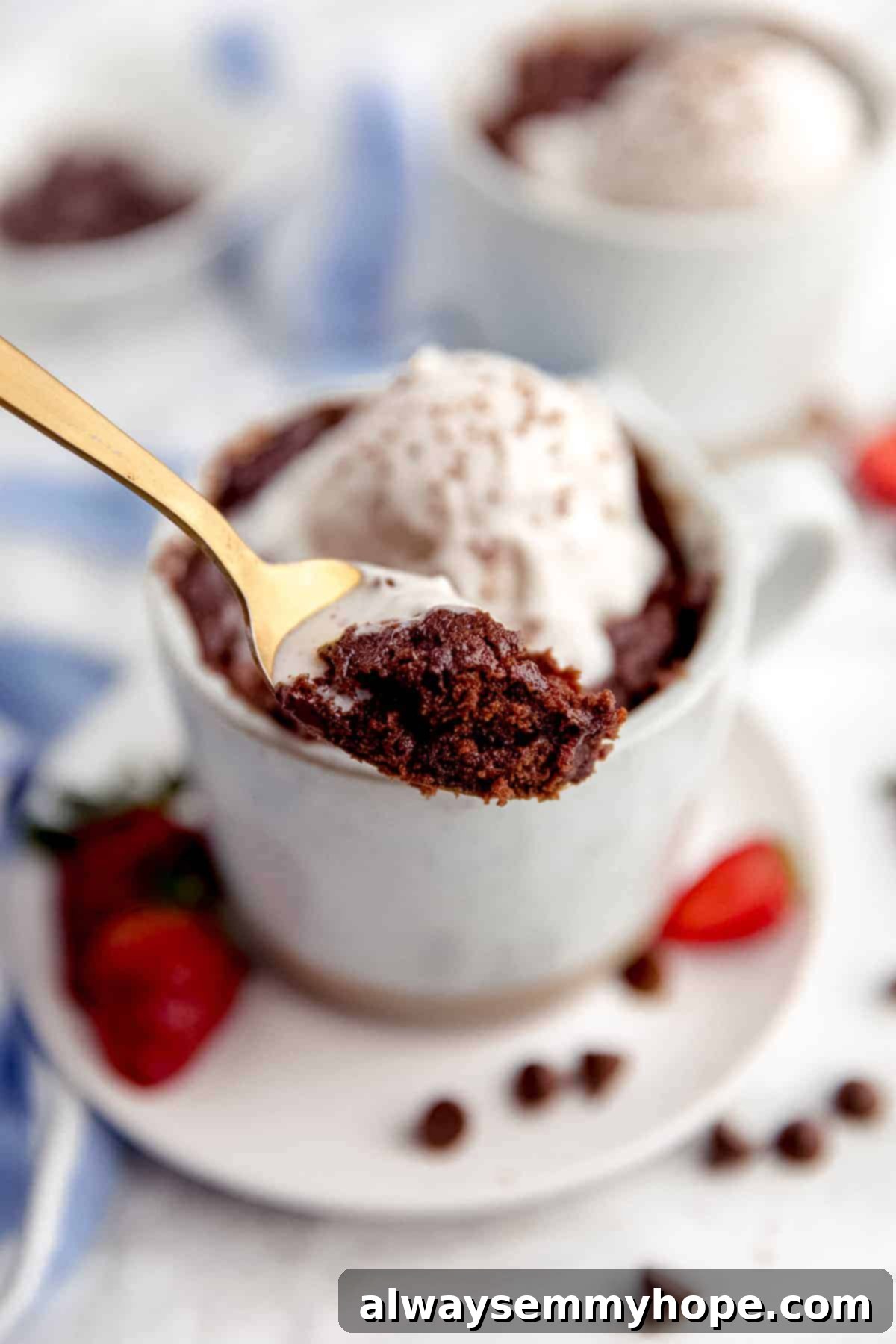 Easy Vegan Mug Brownie 4 Mug brownie with vanilla ice cream on a spoon.