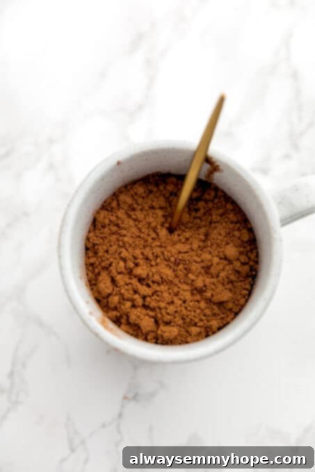 Easy Vegan Mug Brownie 7 Cocoa powder in a mug.