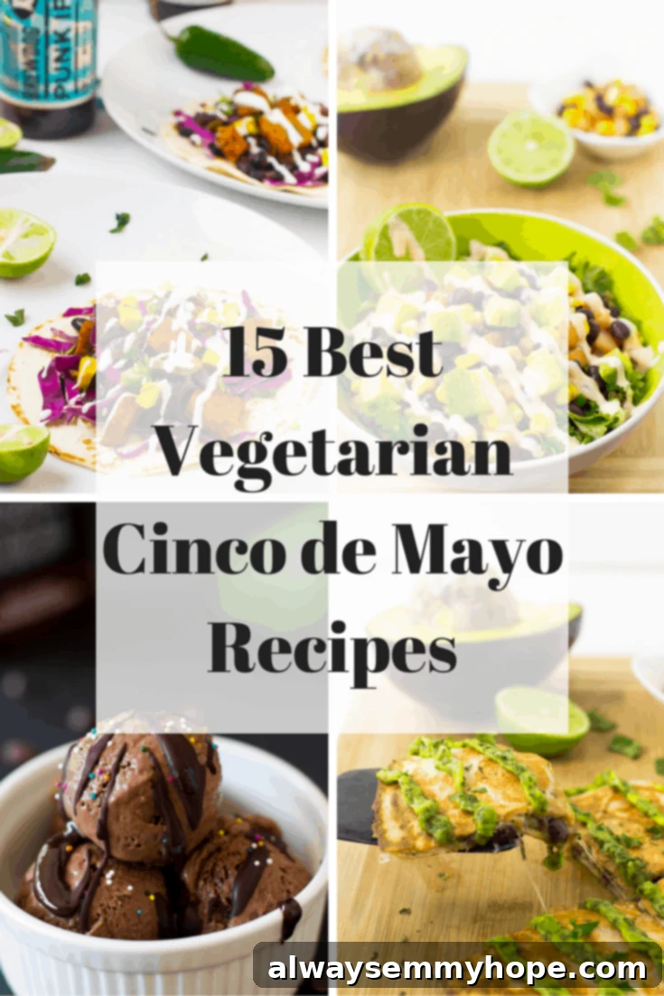 Montage of vegetarian cinco de Mayo dishes. 