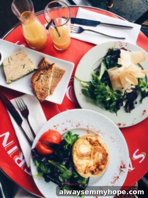 Unlocking Parisian Flavors 7 Top down shot of plates of food in a french restaurant.