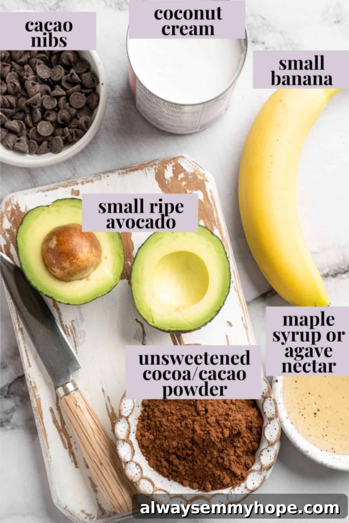 This Chocolate Avocado Pudding is ultra rich and decadent, with the creamiest texture and deepest chocolate flavour. Just 10 minutes of prep! Overhead view of all the simple and fresh ingredients laid out for making chocolate avocado pudding, including ripe avocados, bananas, coconut cream, cocoa powder, and maple syrup.