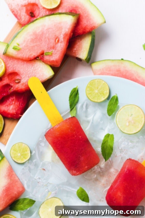 Effortless Watermelon Mint Ice Pops 3 Top down shot of watermelon mint popsicles on ice.