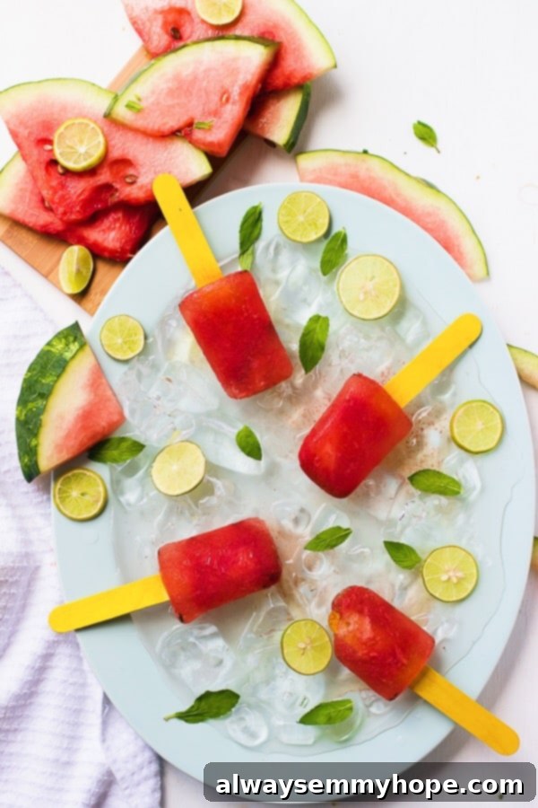 Effortless Watermelon Mint Ice Pops 4 Watermelon mint popsicles on some ice with slices of watermelon on the side.