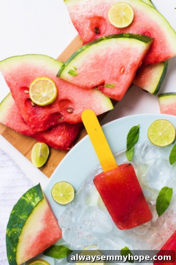 Effortless Watermelon Mint Ice Pops 5 Top down shot of a popsicle on ice.