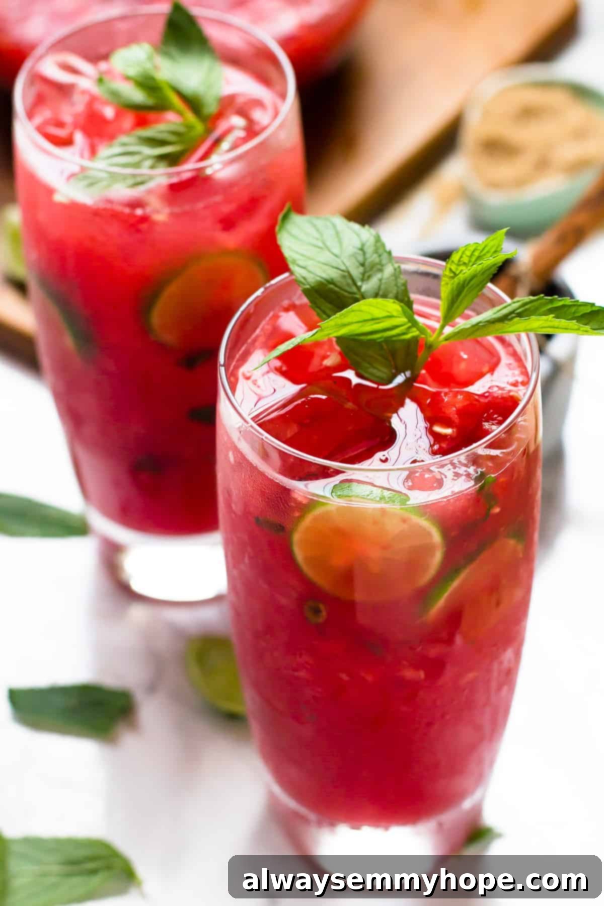Two watermelon mojitos with fresh mint and limes