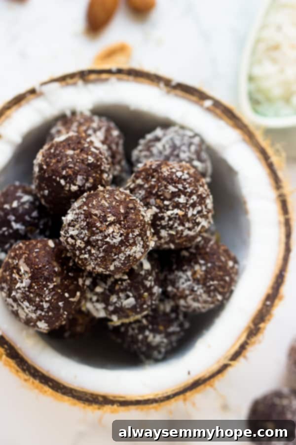 Top-down view of no-bake brownie energy bites artfully arranged inside a coconut shell, showcasing their round shape and coconut coating.