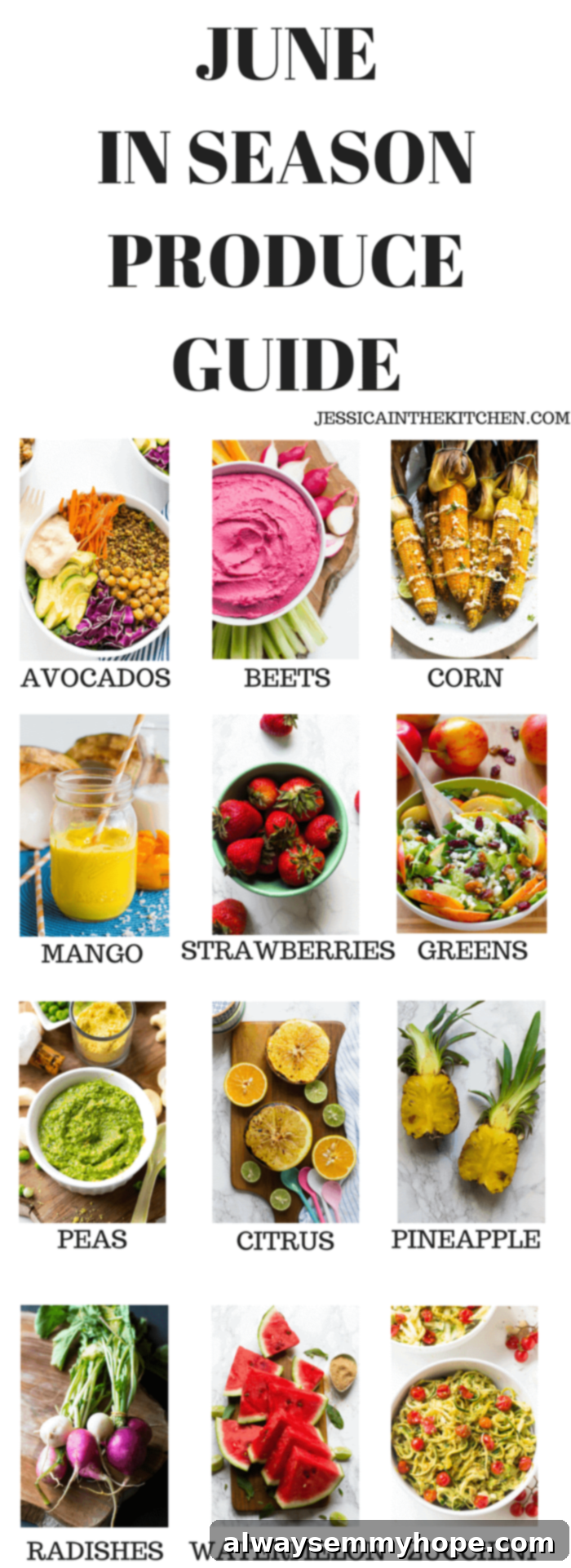 June Seasonal Produce Guide graphic, a visual summary of the seasonal ingredients.