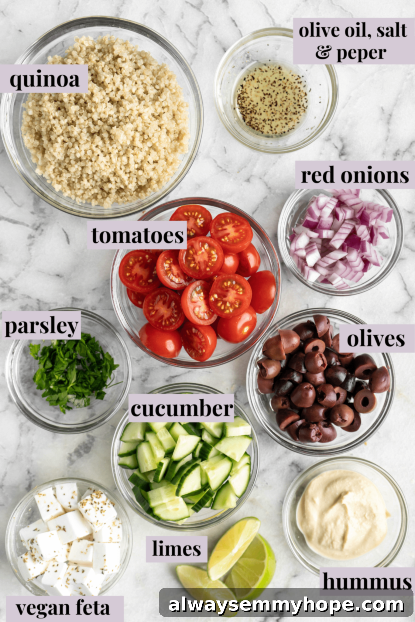 This easy Greek cucumber salad is loaded with filling veggies, topped with creamy hummus, and comes together in just 20 minutes! Ingredients for Greek cucumber salad.