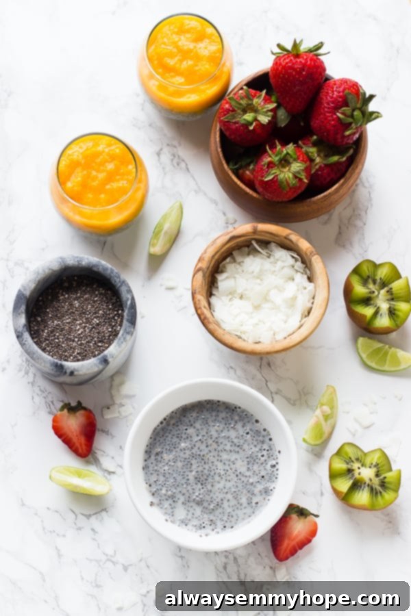 Ingredients for mango coconut chia seed pudding.