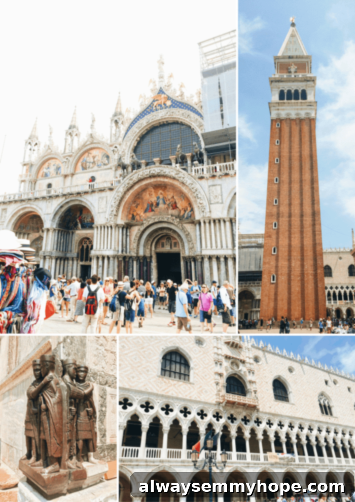 Glimpses of La Serenissima 3 A captivating montage showcasing the intricate architecture of historic churches and grand facades surrounding St. Mark's Square in Venice.