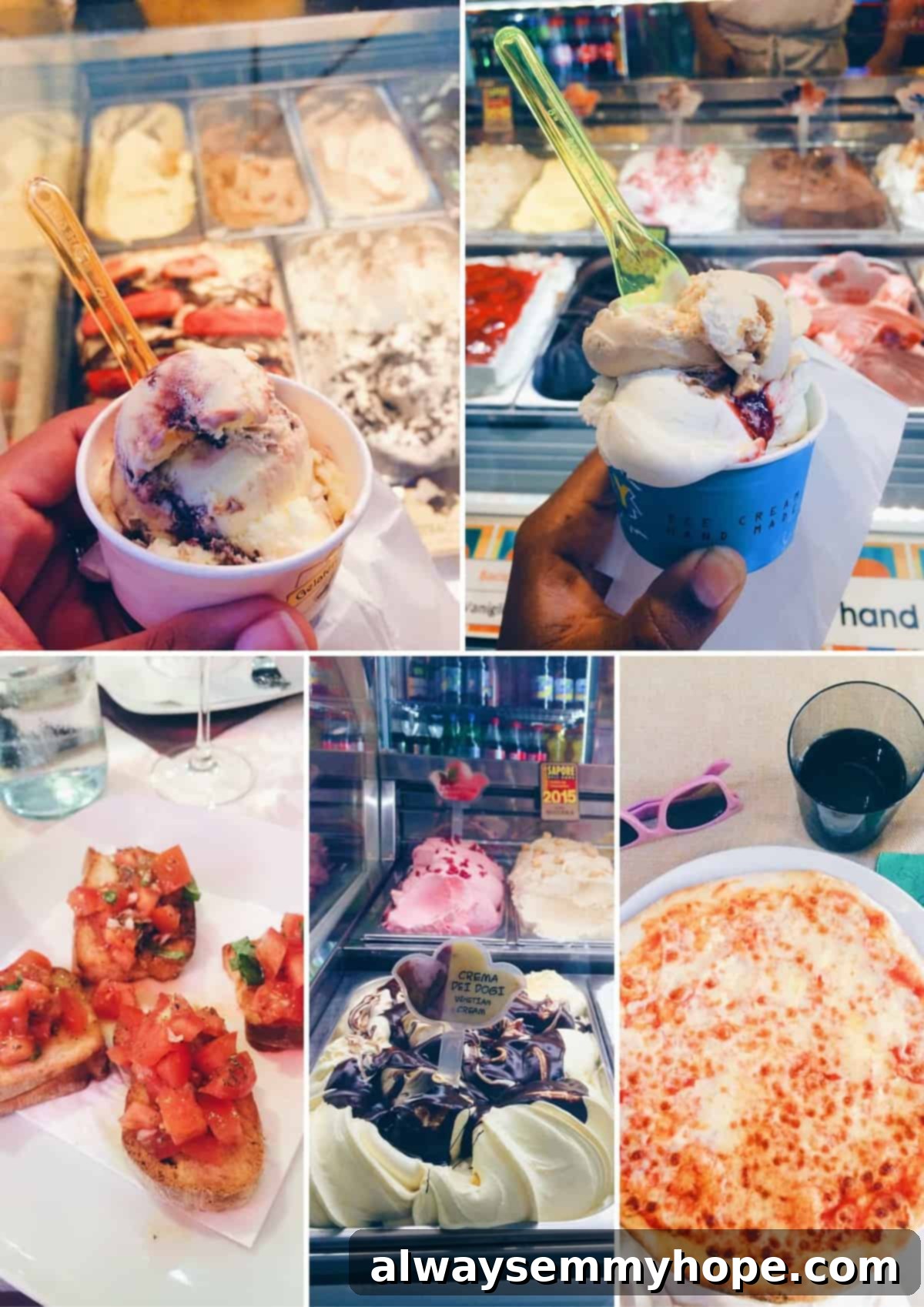 A delightful montage featuring delicious gelato, fresh seafood pasta, and other delectable Italian dishes in Venice, capturing the culinary essence of the city.