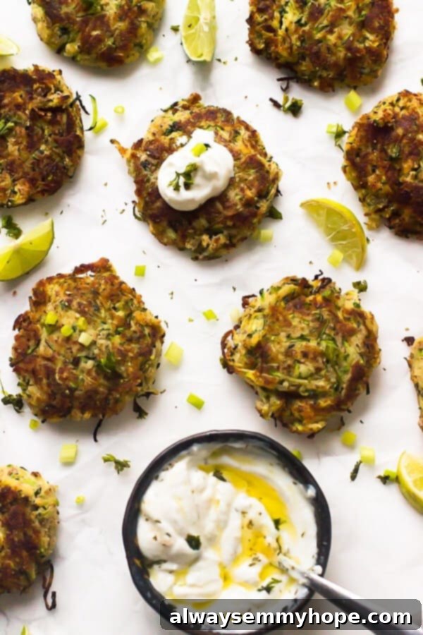 Quick & Easy Gluten-Free Vegan Zucchini Fritters - Ready in 30 Minutes! Overhead view of crispy gluten-free vegan zucchini fritters on parchment paper with a bowl of creamy dipping sauce.