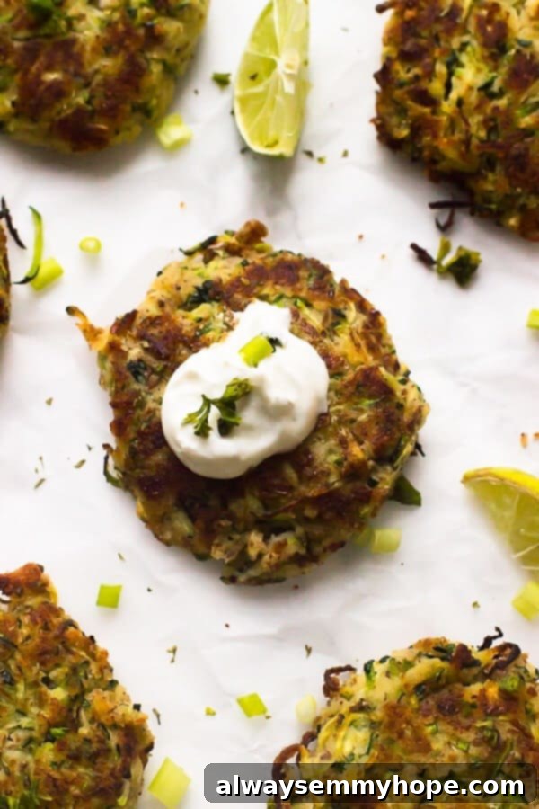 Perfectly Crispy Vegan Zucchini Fritter with Sauce Close-up of a single crispy gluten-free vegan zucchini fritter, showing its texture, with a white sauce spooned over it.
