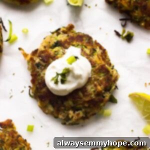 Crispy Gluten-Free Plant-Based Zucchini Fritters 3 A perfectly golden-brown gluten-free vegan zucchini fritter with a swirl of sauce on top, ready to serve.