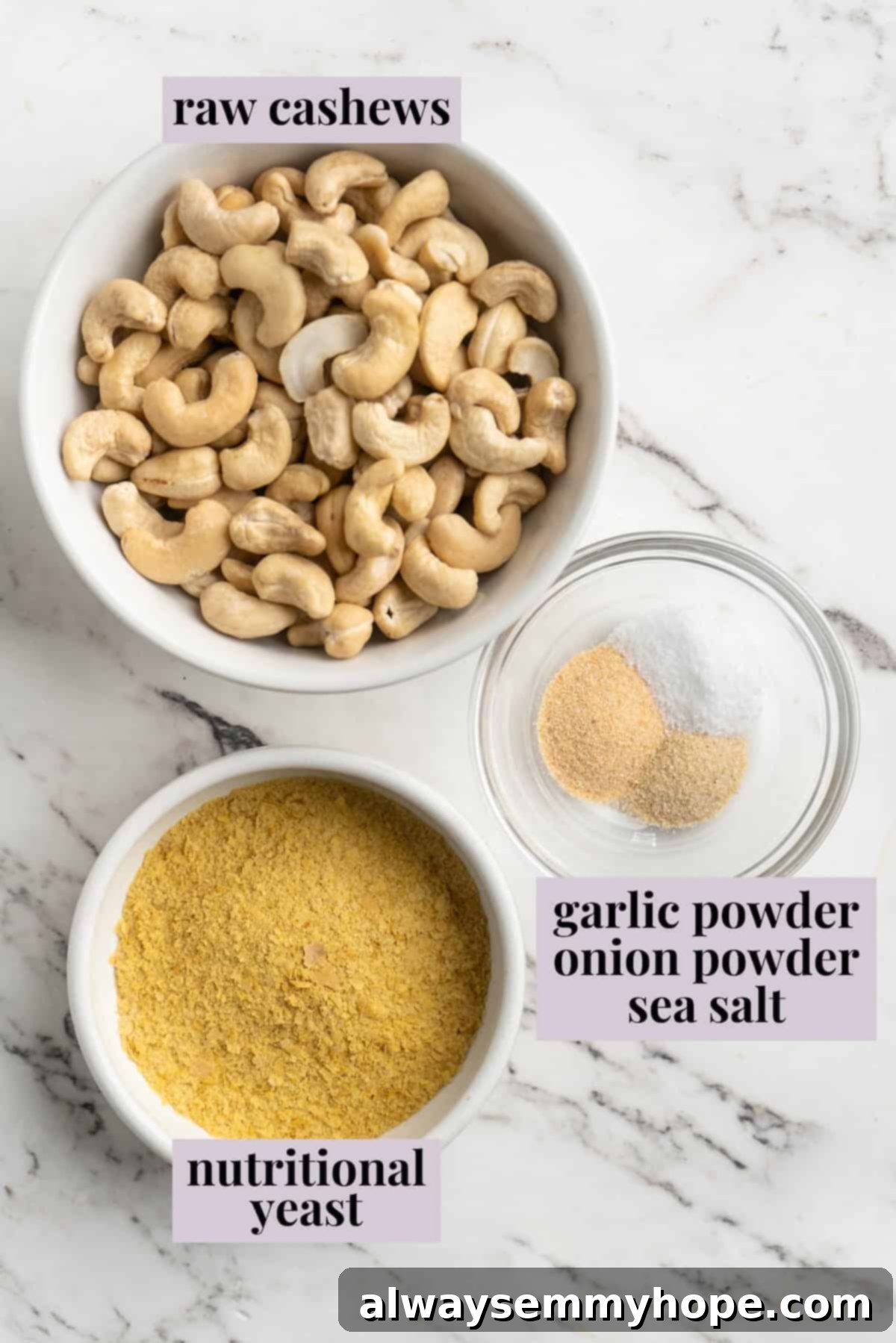 This vegan parmesan cheese recipe is quick, easy, and it tastes amazing—and you only need 5 ingredients and 5 minutes to make it! Individual ingredients for vegan Parmesan cheese, clearly labeled, on a wooden board.