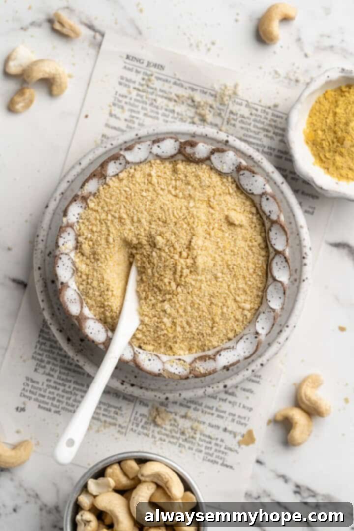 This vegan parmesan cheese recipe is quick, easy, and it tastes amazing—and you only need 5 ingredients and 5 minutes to make it! Finished cashew vegan Parmesan cheese in a bowl with a spoon, ready for use.