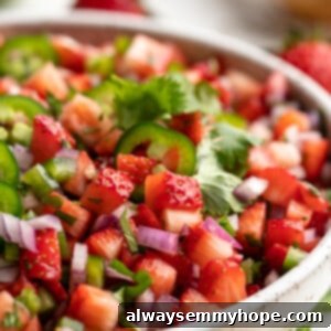 Fresh Strawberry Salsa 3 Closeup of strawberry jalapeño salsa in bowl