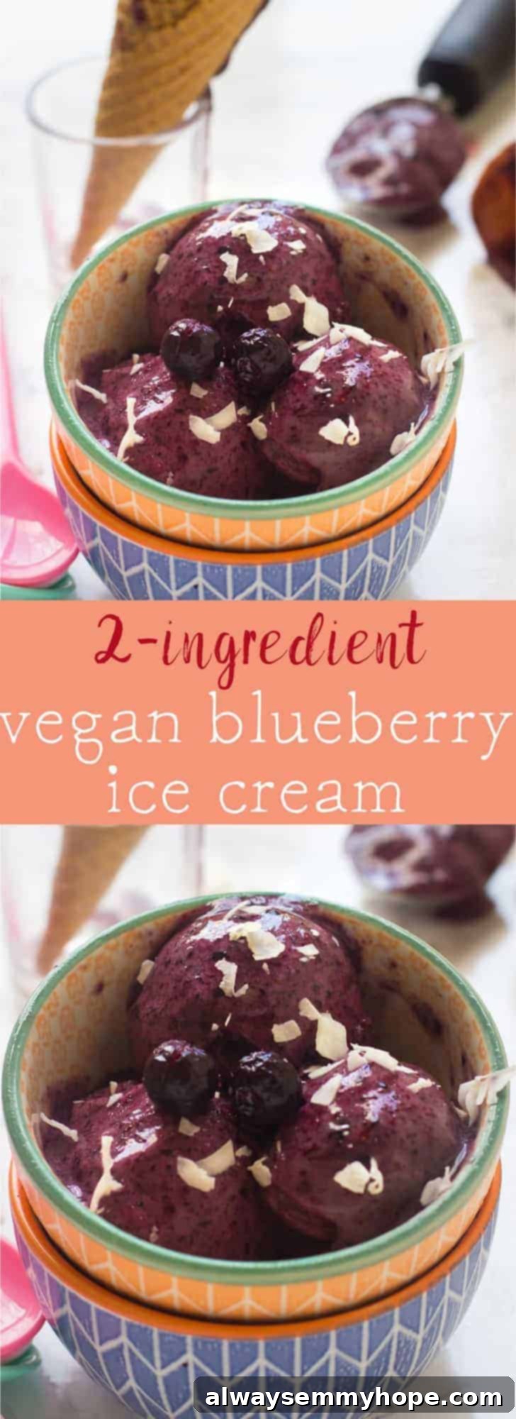 Pin for 2-Ingredient Vegan Blueberry Ice Cream (no churn) recipe, creamy, healthy, and delicious.