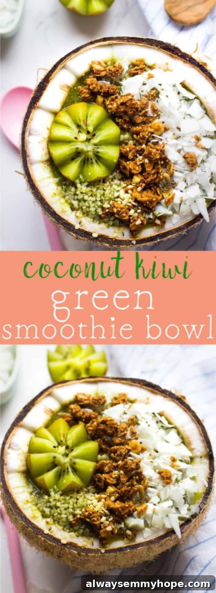 Tropical Coconut Kiwi Green Smoothie Bowl 6 This Coconut Kiwi Green Smoothie Bowl is a delicious tropical smoothie bowl, perfect for quick mornings and takes only 10 minutes to make! via https://jessicainthekitchen.com