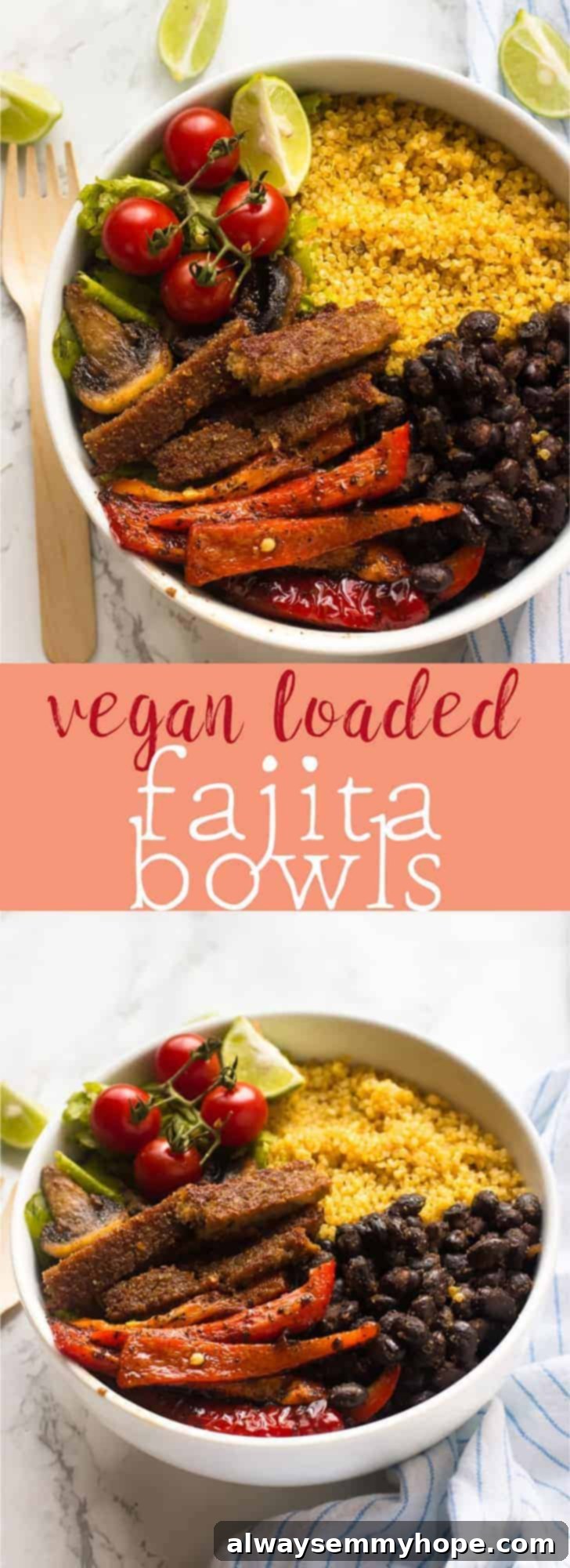 Vegan Fajita Bowls - 10-Minute Prep, High Protein 5 These Vegan Fajita Bowls are loaded with all your favourite fajita toppings, protein-filled and done in just 30 minutes! via https://jessicainthekitchen.com