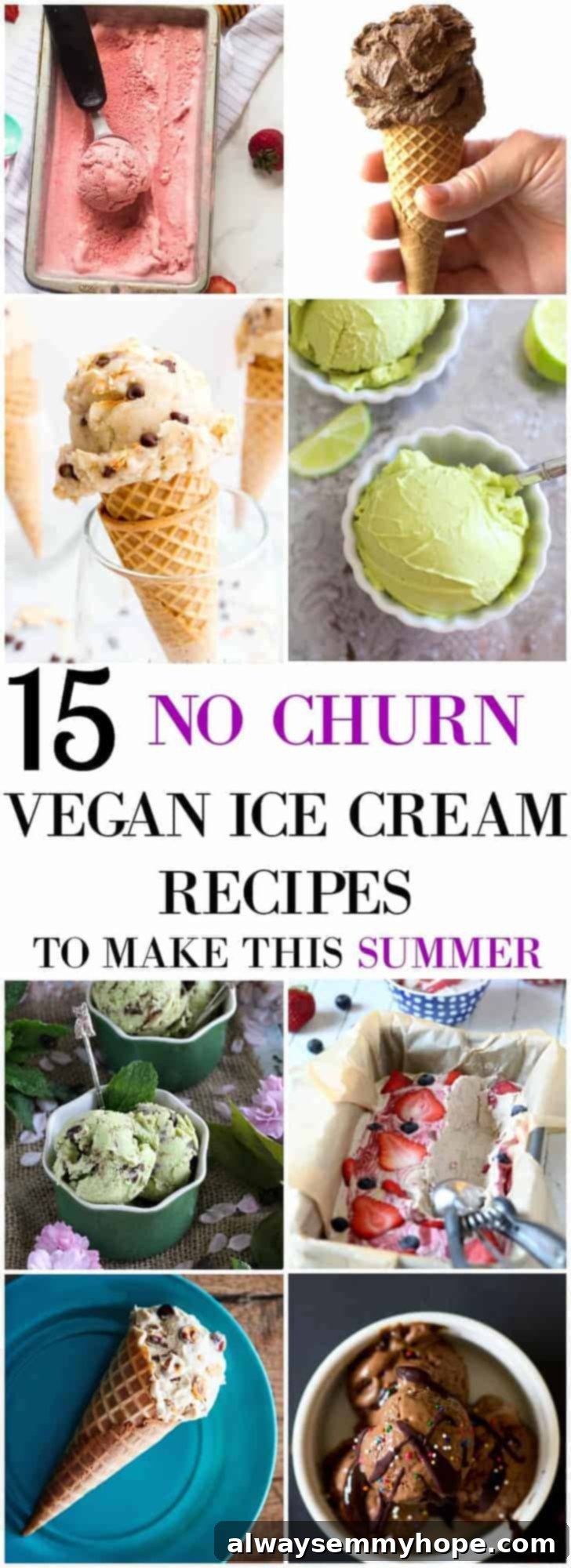 A montage of no churn vegan ice creams, showcasing various vibrant flavors and textures in scoops and bowls.