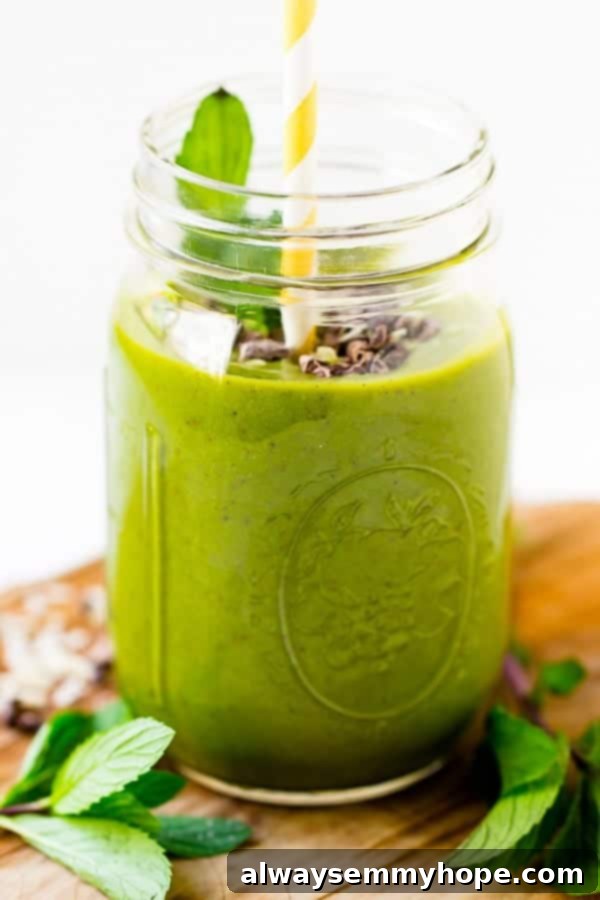 Mint Chocolate Chip Green Dream Smoothie 2 A vibrant mint chocolate chip green smoothie in a mason jar, garnished with fresh mint, sitting on a rustic wooden table, suggesting a refreshing and healthy start to the day.