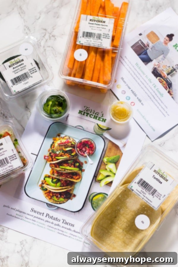 Terra's Kitchen: Sweet Potato Tacos Put to the Test 3 Various packs of pre-portioned, fresh ingredients laid out neatly on a tabletop, ready for cooking.