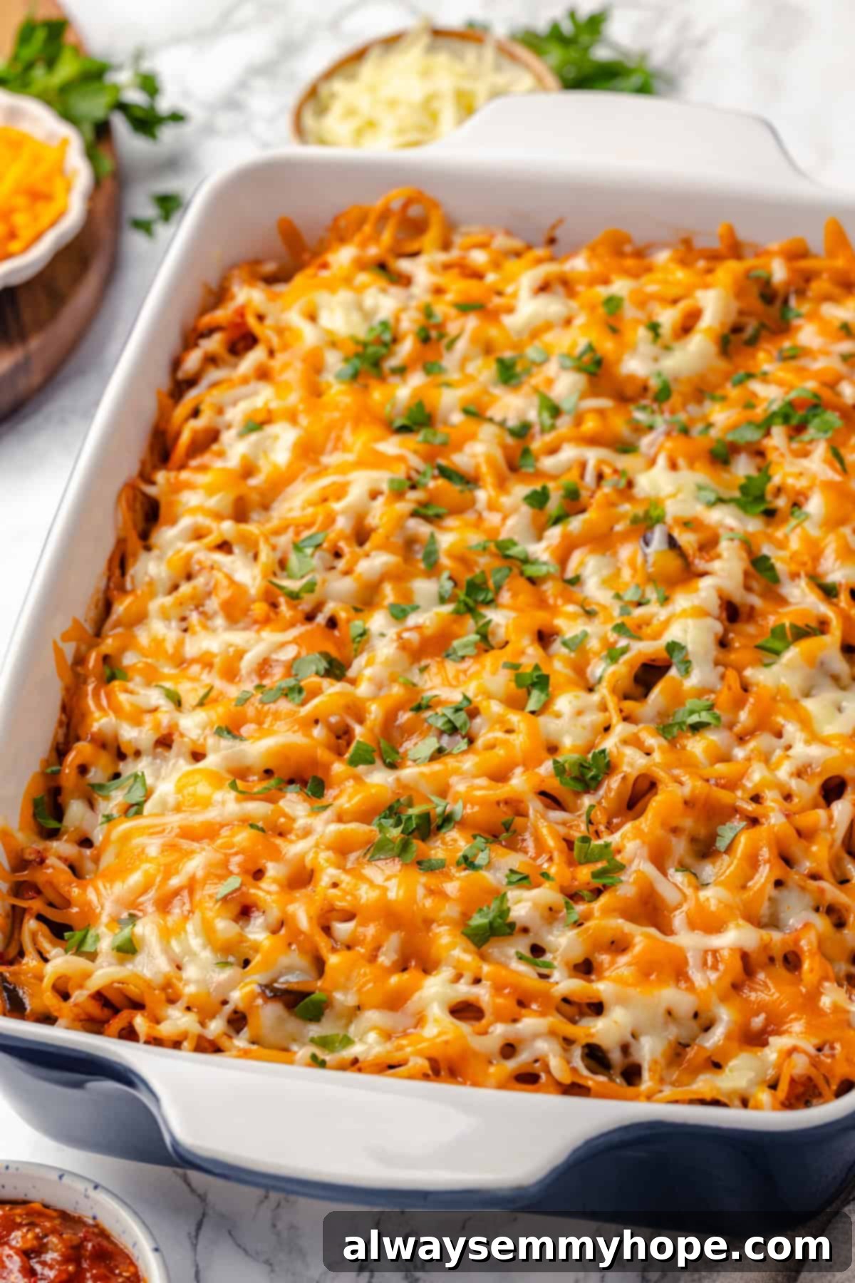 Casserole dish of vegan baked spaghetti
