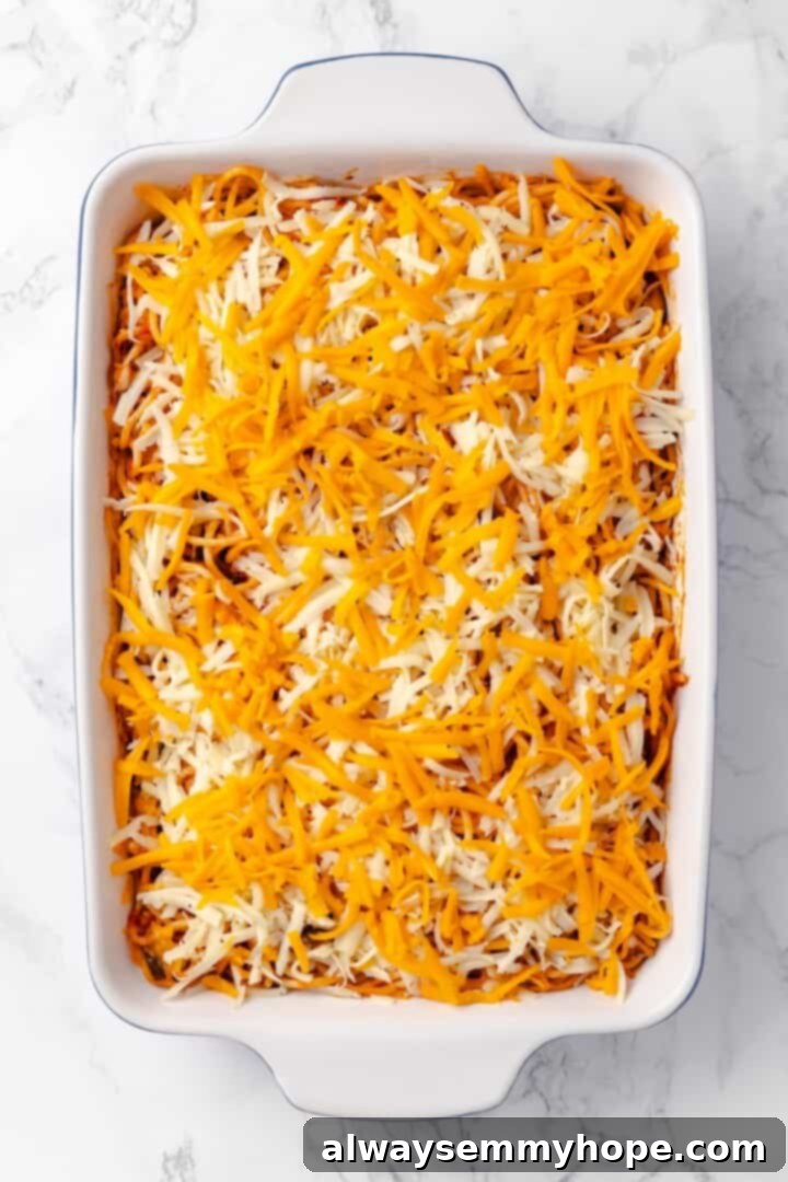 Assembled spaghetti casserole before baking