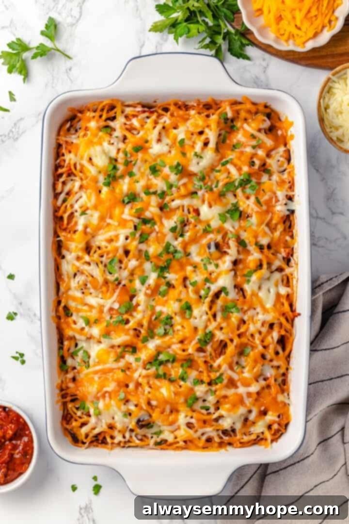 Vegan baked spaghetti in casserole dish