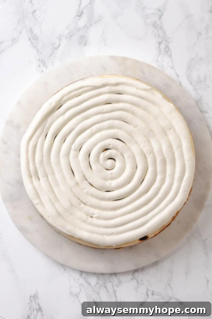 Cream cheese frosting piped onto cinnamon roll cheesecake