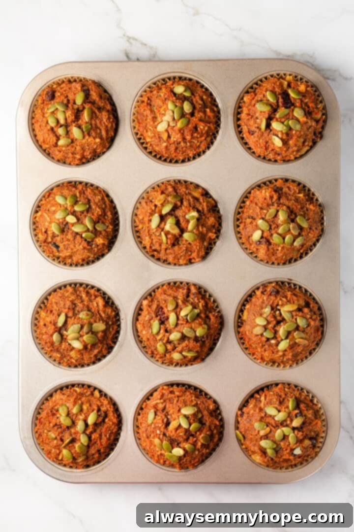 Overhead view of morning glory muffins in pan.