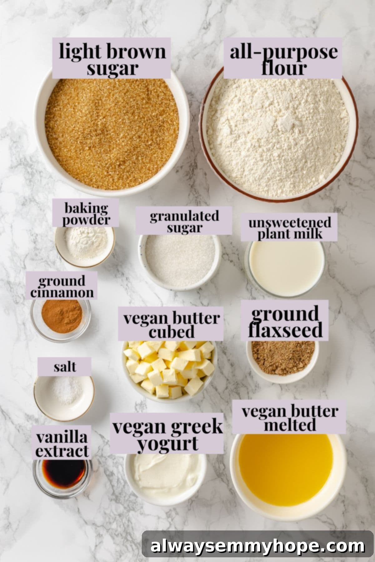 Ingredients for coffee cake recipe with labels.