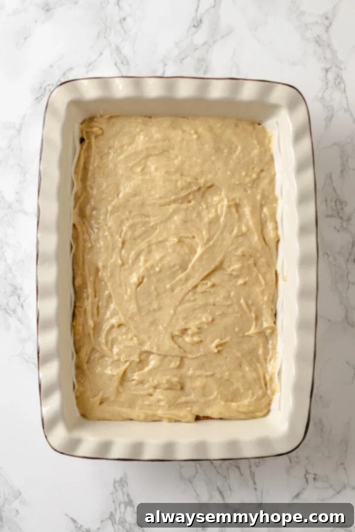 Coffee cake batter in baking dish.