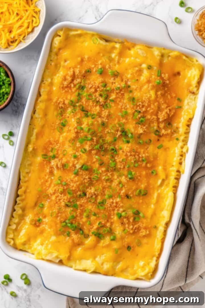 Cheesy pierogi casserole in a baking dish, topped with breadcrumbs and green onions.