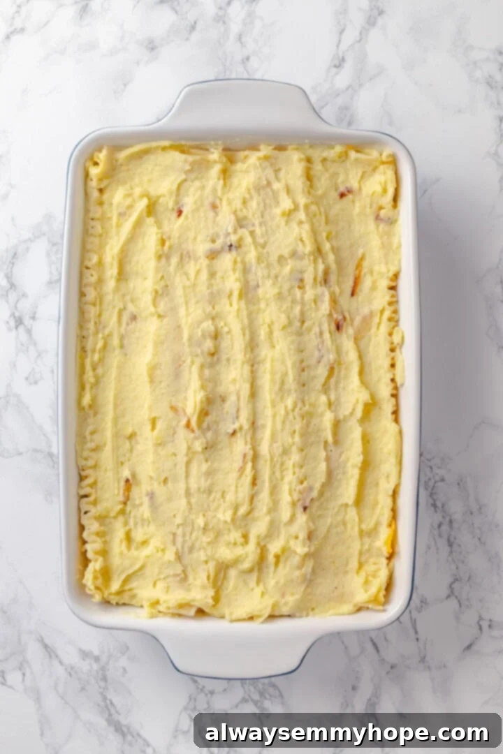 Mashed potatoes spread into a casserole dish over lasagna noodles.