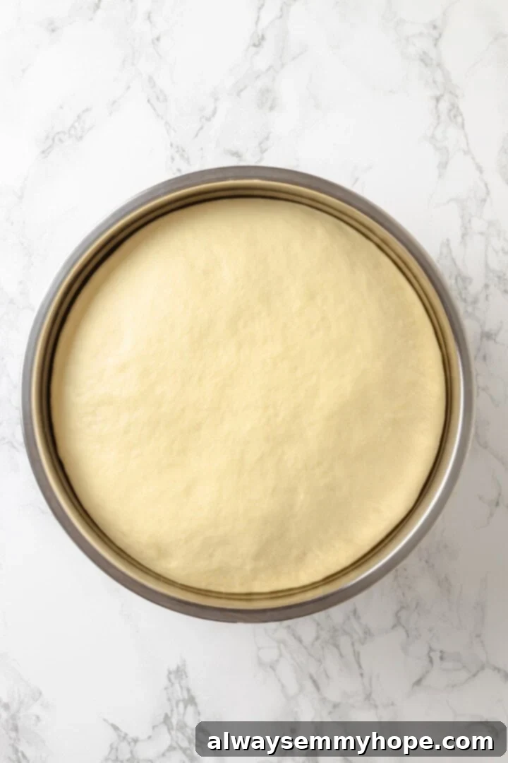 Vegan monkey bread dough in a bowl after its first rise, showing its increased volume and airy texture.