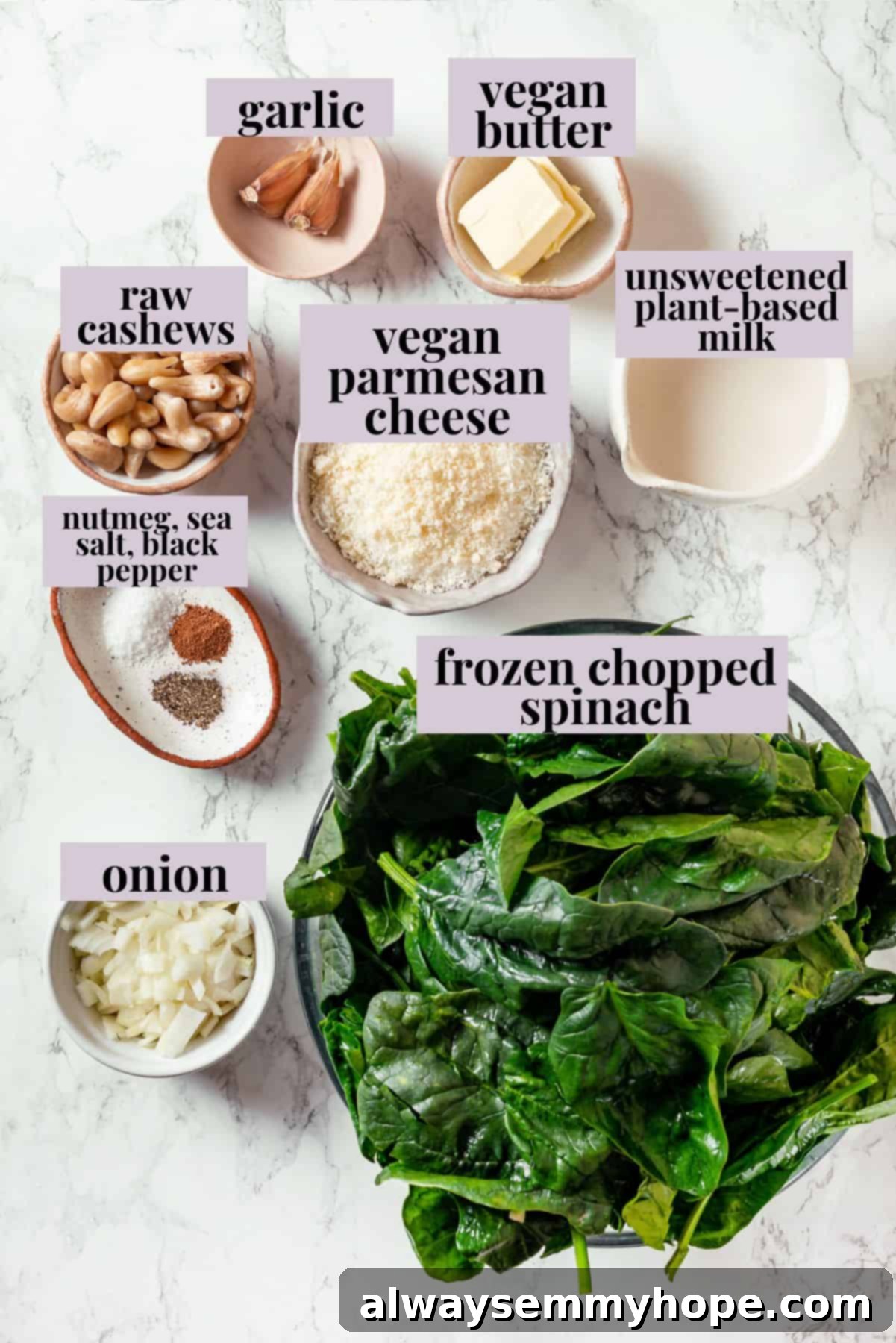 Ingredients for vegan creamed spinach recipe.