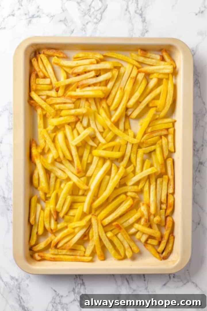 Baked frozen fries on baking sheet