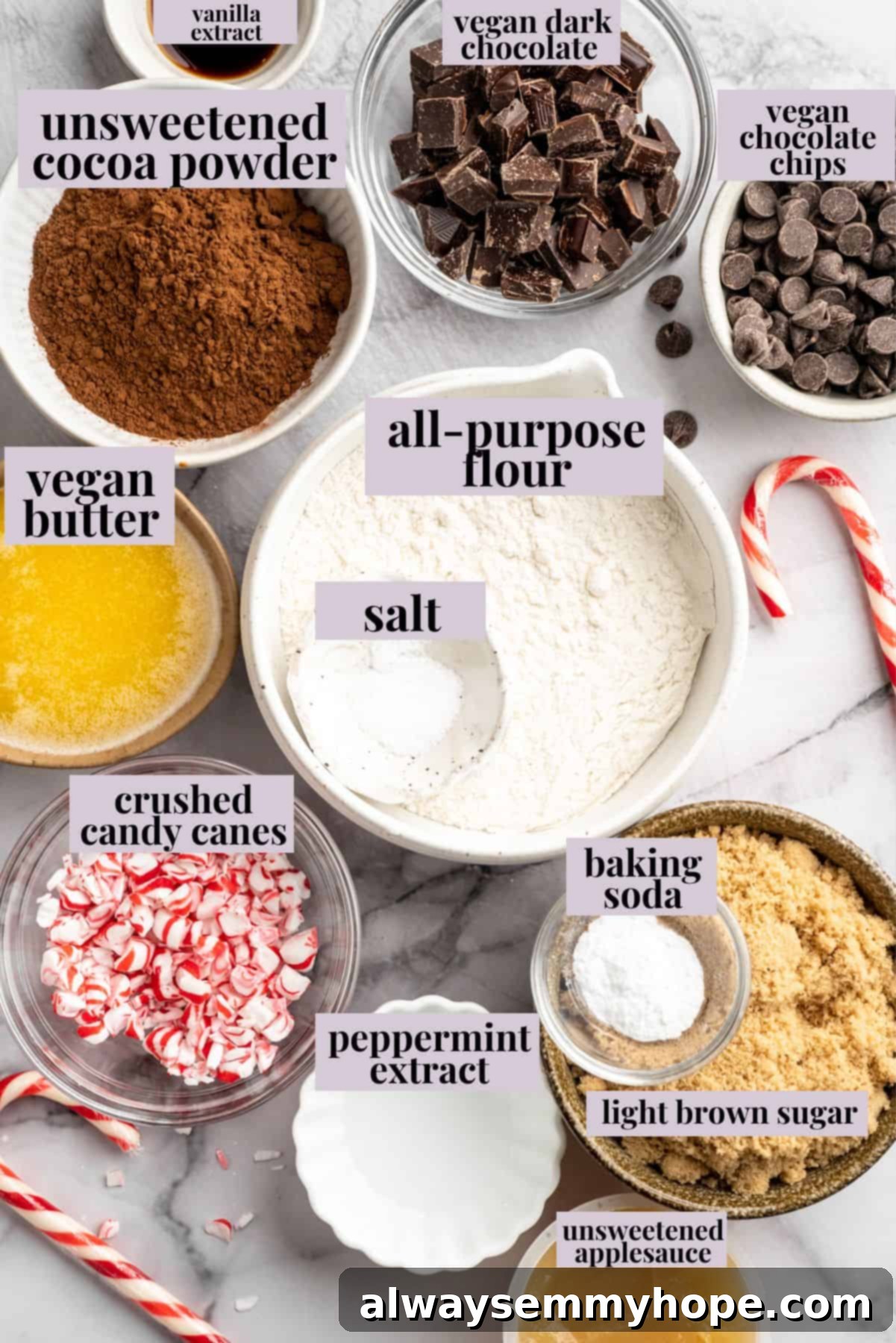 Ingredients for peppermint chocolate cookies.