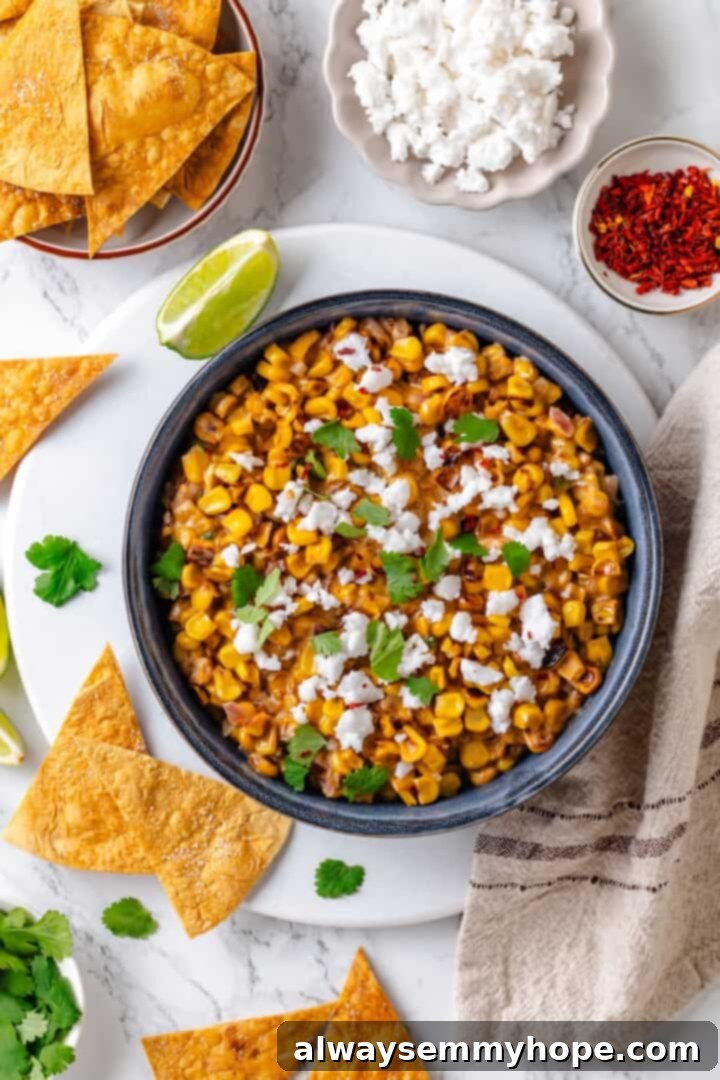 Overhead view of Mexican street corn dip in a bowl with toppings
