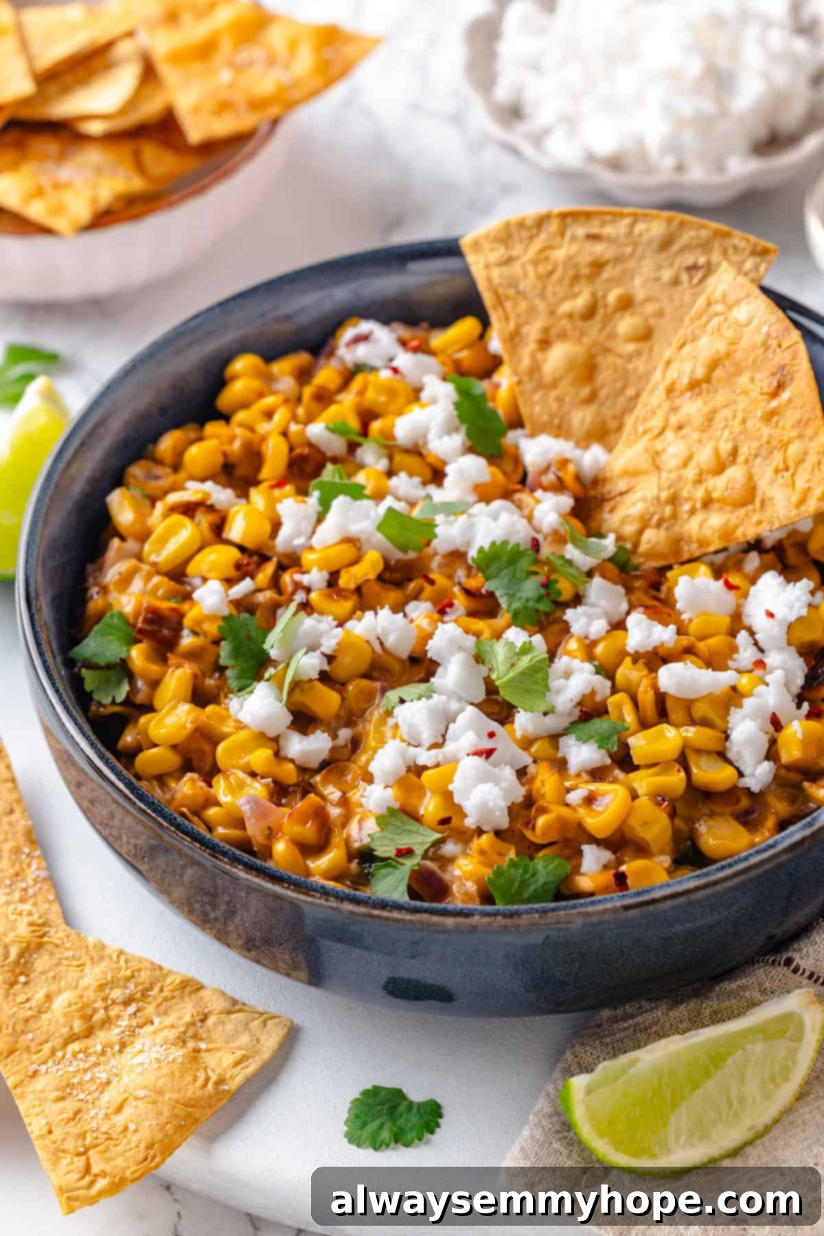 Bowl of Mexican street corn dip with two tortilla chips