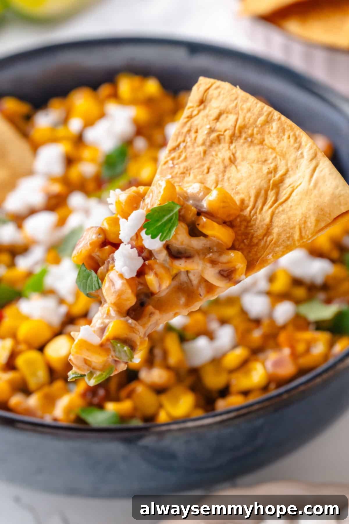 Vegan Mexican street corn dip on tortilla chip