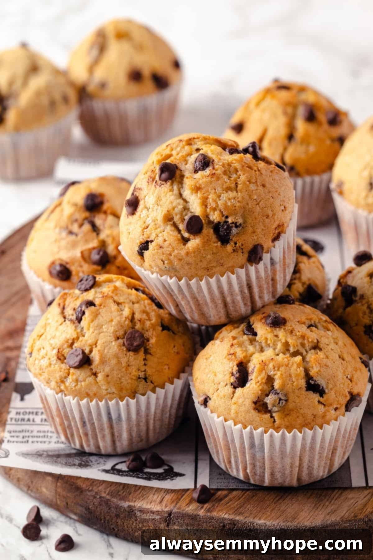 Stack of delicious vegan chocolate chip muffins on a wooden board