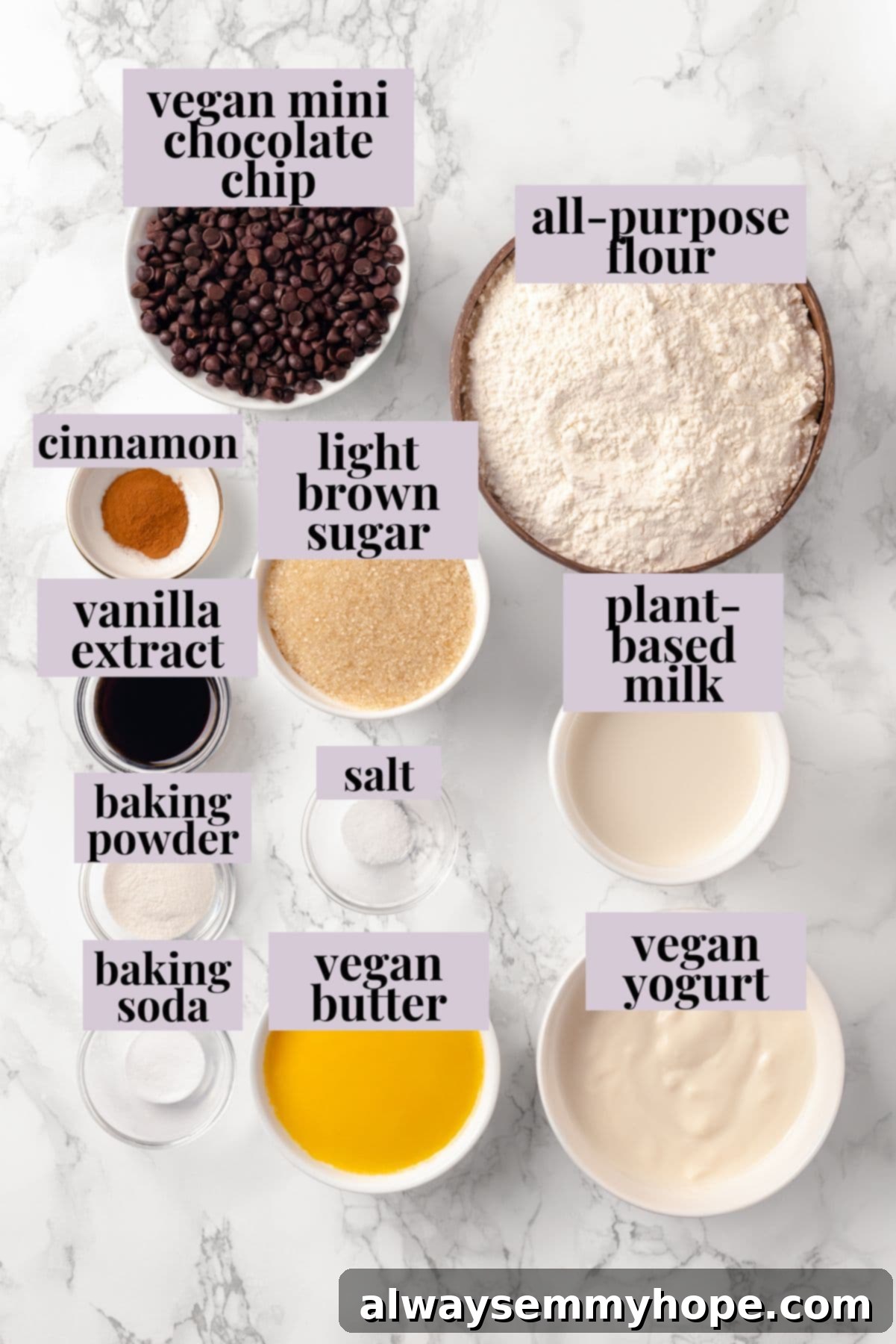 Overhead view of vegan chocolate chip muffin ingredients with labels