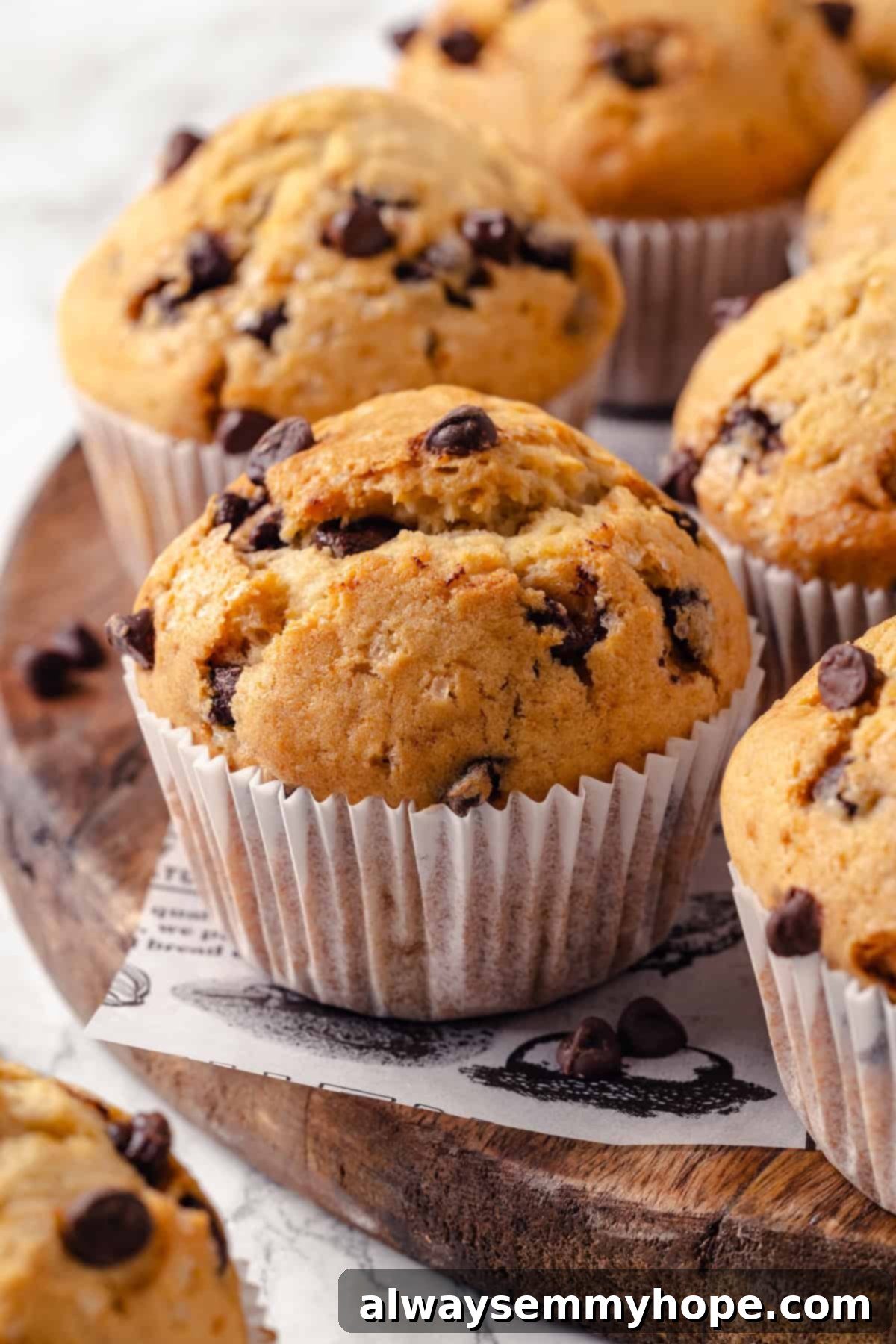 Fluffy vegan chocolate chip muffins on a wooden board