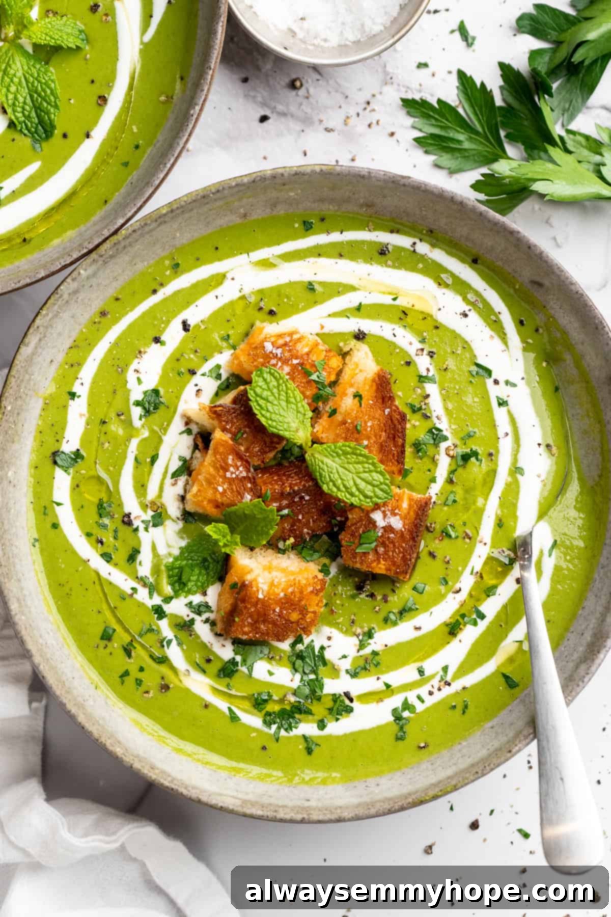Broccoli Fridge Clean-Out Soup with Grilled Cheese Croutons
